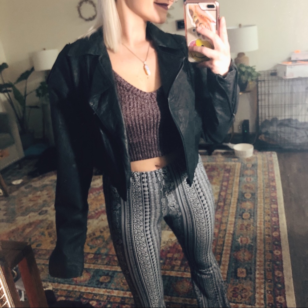 vintage cropped black leather jacket